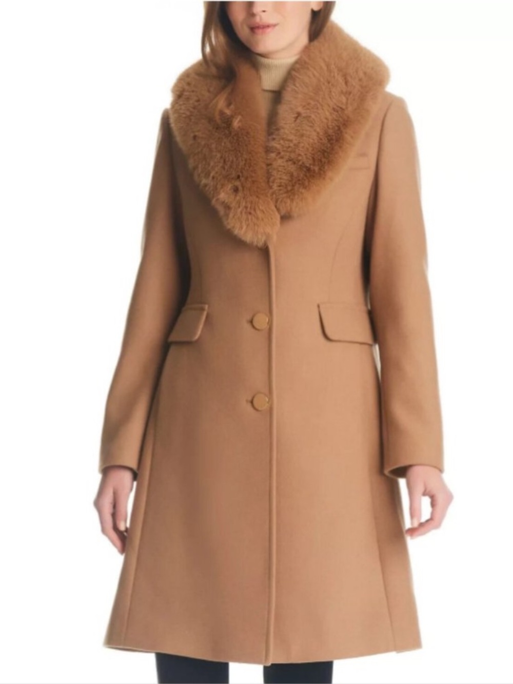 Kate Spade Single Breasted Coat With Faux Fur Collar Coat Camel Brown Size M